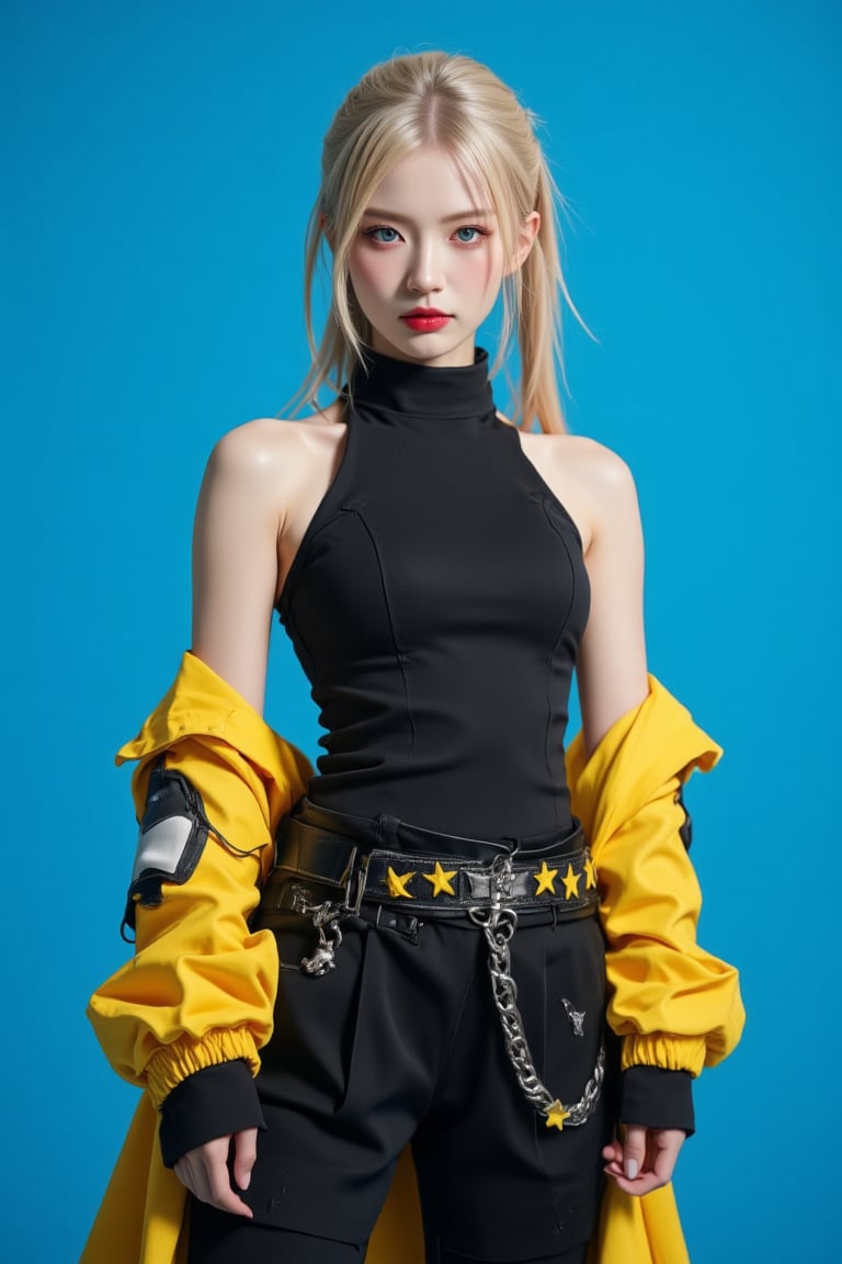 (masterpiece, high quality, ultra-realistic, 8k resolution, fine lineart, highly detailed). A stunning Asian woman with long blonde hair, tied back in a ponytail, stands confidently while holding a large katana in her right hand. She is wearing a sleek black outfit with a yellow jacket draped over her shoulders. Her eyes are a striking blue, and her lips are painted a deep red, creating a vibrant contrast with her outfit. She wears a black leather belt adorned with yellow stars, adding a unique touch to her look. The backdrop is a vibrant blue, which further enhances the contrast between her outfit and the scene, making her stand out. The overall composition captures her strength and confidence, with the sword held firmly in her hand, ready for action. The lighting highlights the textures of her jacket, belt, and sword, making the scene feel dynamic and full of energy.,ct-identityV2