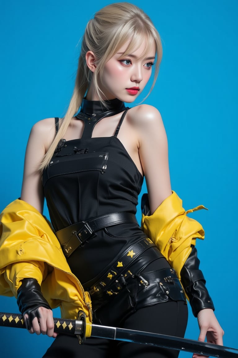 (masterpiece, high quality, ultra-realistic, 8k resolution, fine lineart, highly detailed). A stunning Asian woman with long blonde hair, tied back in a ponytail, stands confidently while holding a large katana in her right hand. She is wearing a sleek black outfit with a yellow jacket draped over her shoulders. Her eyes are a striking blue, and her lips are painted a deep red, creating a vibrant contrast with her outfit. She wears a black leather belt adorned with yellow stars, adding a unique touch to her look. The backdrop is a vibrant blue, which further enhances the contrast between her outfit and the scene, making her stand out. The overall composition captures her strength and confidence, with the sword held firmly in her hand, ready for action. The lighting highlights the textures of her jacket, belt, and sword, making the scene feel dynamic and full of energy.,ct-identityV2