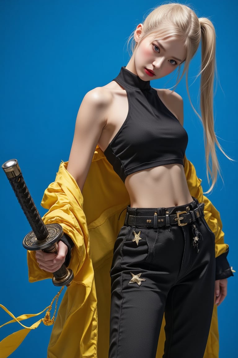 (masterpiece, high quality, ultra-realistic, 8k resolution, fine lineart, highly detailed). A stunning Asian woman with long blonde hair, tied back in a ponytail, stands confidently while holding a large katana in her right hand. She is wearing a sleek black outfit with a yellow jacket draped over her shoulders. Her eyes are a striking blue, and her lips are painted a deep red, creating a vibrant contrast with her outfit. She wears a black leather belt adorned with yellow stars, adding a unique touch to her look. The backdrop is a vibrant blue, which further enhances the contrast between her outfit and the scene, making her stand out. The overall composition captures her strength and confidence, with the sword held firmly in her hand, ready for action. The lighting highlights the textures of her jacket, belt, and sword, making the scene feel dynamic and full of energy.,ct-identityV2