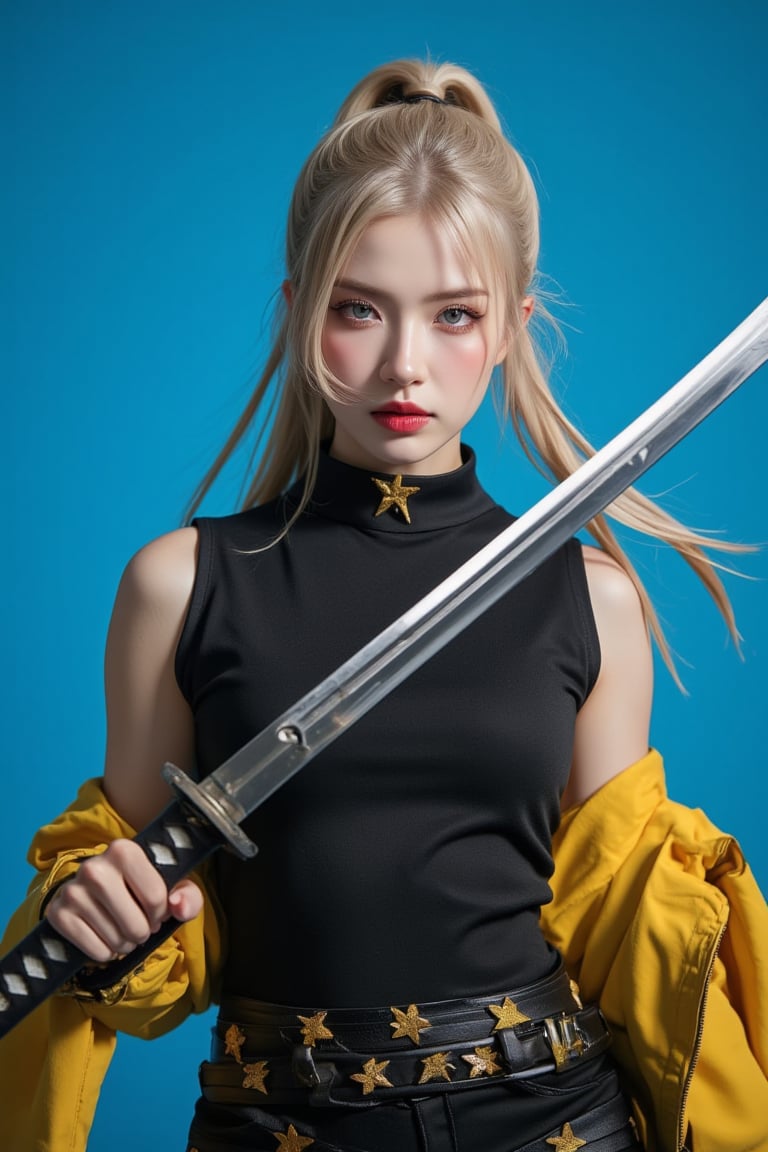 (masterpiece, high quality, ultra-realistic, 8k resolution, fine lineart, highly detailed). A stunning Asian woman with long blonde hair, tied back in a ponytail, stands confidently while holding a large katana in her right hand. She is wearing a sleek black outfit with a yellow jacket draped over her shoulders. Her eyes are a striking blue, and her lips are painted a deep red, creating a vibrant contrast with her outfit. She wears a black leather belt adorned with yellow stars, adding a unique touch to her look. The backdrop is a vibrant blue, which further enhances the contrast between her outfit and the scene, making her stand out. The overall composition captures her strength and confidence, with the sword held firmly in her hand, ready for action. The lighting highlights the textures of her jacket, belt, and sword, making the scene feel dynamic and full of energy.,ct-identityV2