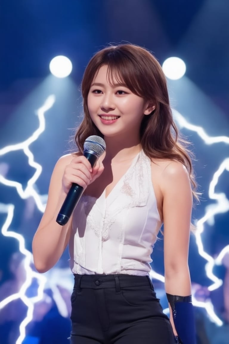 A glamorous K-pop star stands center stage, exuding elegance and charm. The scene is set in a grand concert hall, with spotlights creating a dramatic effect, highlighting her flawless makeup and luxurious attire. She poses with a confident smile, holding a microphone, her posture reflecting poise and sophistication. The background is filled with vibrant, colorful lights, enhancing the atmosphere of a high-energy performance. The composition captures her star power and the electrifying ambiance of a K-pop concert.