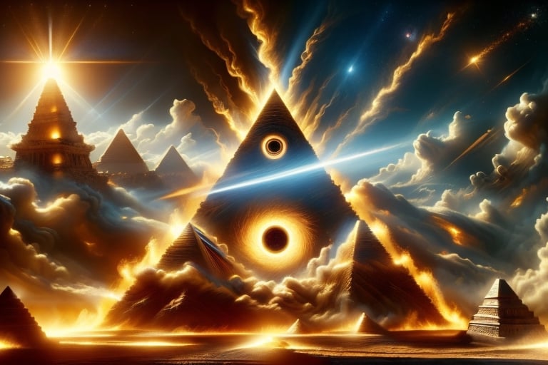 photo r3al, detailmaster2, masterpiece, photorealistic, 8k UHD, best quality, ultra realistic, ultra detailed, hyperdetailed photography, real photo, illuminati, pyramids, one eye, (masons symbolism), pyramid as heads, with pyramids in the back ground