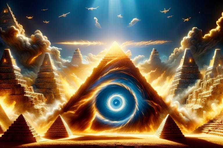 photo r3al, detailmaster2, masterpiece, photorealistic, 8k, 8k UHD, best quality, ultra realistic, ultra detailed, hyperdetailed photography, real photo, illuminati, pyramids, one eye, masons symbolism, pyramid as heads, with pyramids in the back ground