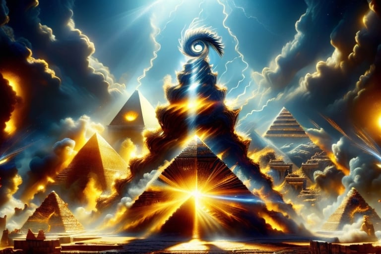 photo r3al, detailmaster2, masterpiece, photorealistic, 8k UHD, best quality, ultra realistic, ultra detailed, hyperdetailed photography, real photo, illuminati, pyramids, one eye, (masons symbolism), pyramid as heads, with pyramids in the back ground