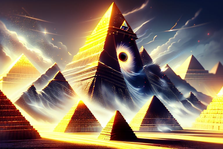 photo r3al, detailmaster2, masterpiece, photorealistic, 8k UHD, best quality, ultra realistic, ultra detailed, hyperdetailed photography, real photo, illuminati, pyramids, one eye, (masons symbolism), pyramid as heads, with pyramids in the back ground