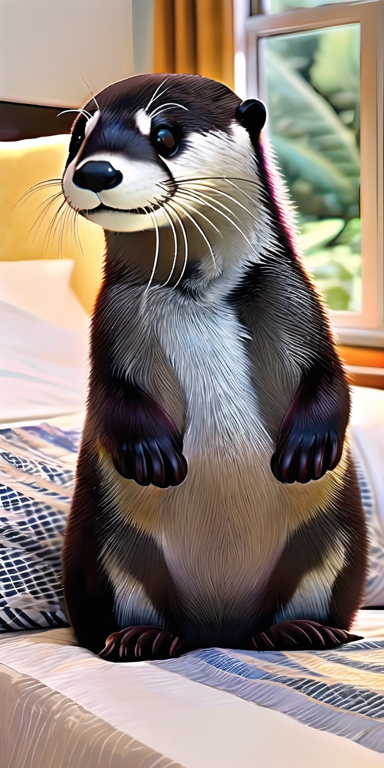 Realistic, a mini cute little otter, lying on the bed, The background is a cozy room contrasting with the color of the black otter. The posture and expression of the otter express a "happy" feeling, delicate and cute,bsp,hybrid,Extremely Realistic,Animal