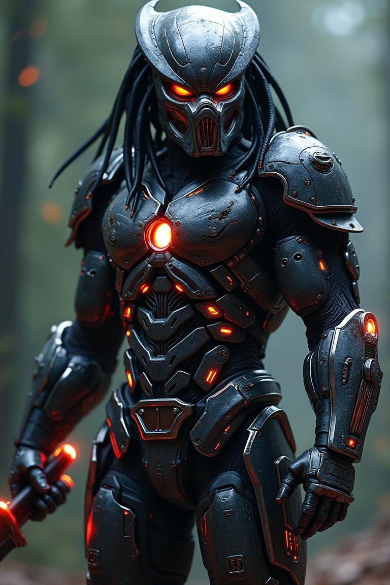 A Hi-Tech cyberpunk stanyle predator face in iron man suit full body war, Custom design, Mechanical screamers, shining body, glowing look, full shining suit, body, hues.,steampunk style,cyberpunk style,mecha, perfect custom Hi-Tech suit, holding sword, weapon master, Hi-Tech belt, muscular body suite
