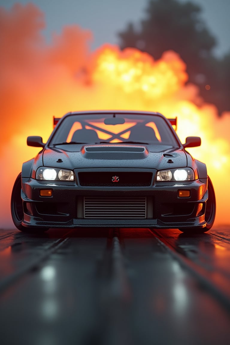 A photorealistic JDM DRIFT CAR, flies into a close-up camera shot. The background cyberpunk is blurred explosion jet, smoke and fire
