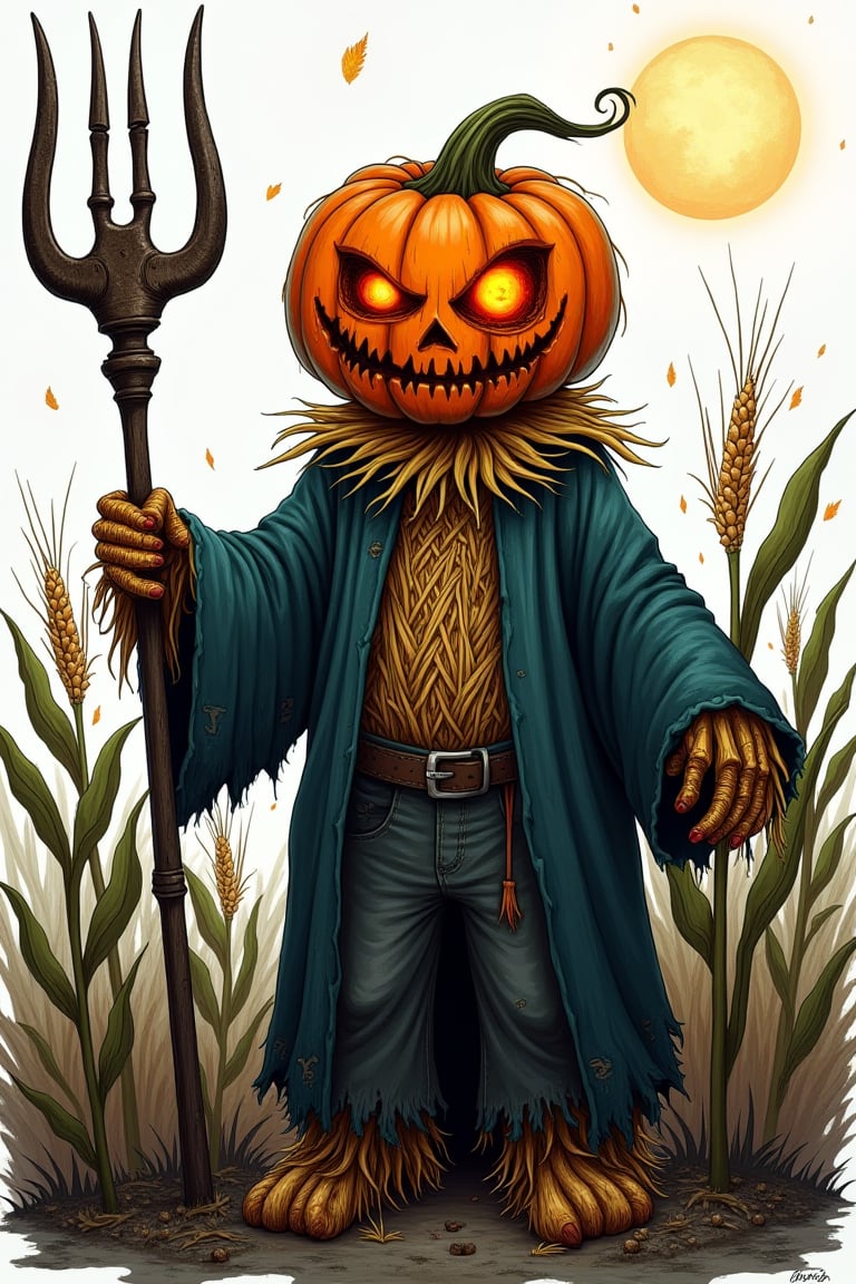 A cartoon drawing of A menacing pumpkin-headed scarecrow looms in a moonlit cornfield, wielding a rusted pitchfork. Eerie orange light flickers within its carved grimace. Tattered robes billow in the autumn wind. Mystical runes glow on its straw-stuffed body, evoking ancient harvest rituals., dramatic, mysterious, dark moody atmosphere, dark, moody, dark fantasy style. Dark Fantasy Art, Dark Moody Atmosphere,The background is white.