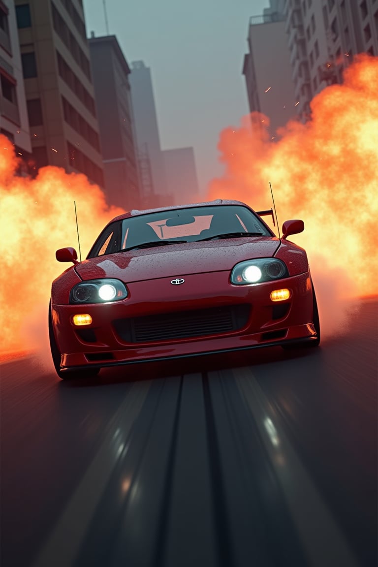 A photorealistic JDM DRIFT CAR toyota supra, flies into a close-up camera shot. The background cyberpunk is blurred explosion jet, smoke and fire
