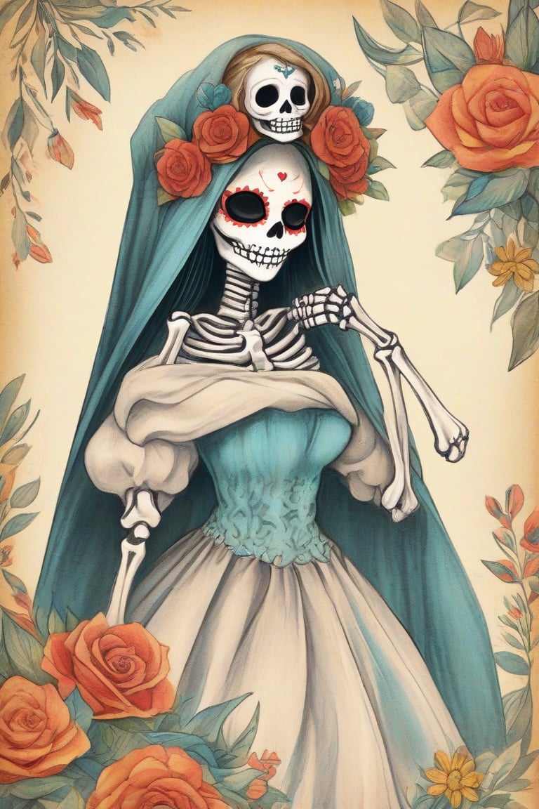 A vibrant, rough, and expressive color pencil sketch in a retro style, depicting La Catrina as a skeleton in traditional Mexican dress and surrounded by flowers. The background is a warm, creamy paper texture, with visible pencil marks and subtle creases, evoking a sense of tactile realism. The overall aesthetic is a fusion of psychedelic rock posters and vintage comic book art, with bold, saturated colors and loose, expressive lines.
