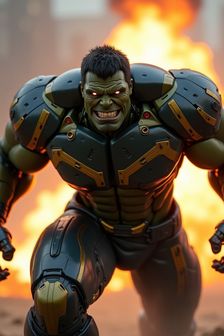 A photorealistic hulk robot  flaying black and gold armor color, flies into a close-up camera shot. The background cyberpunk is blurred explosion jet, smoke and fire 