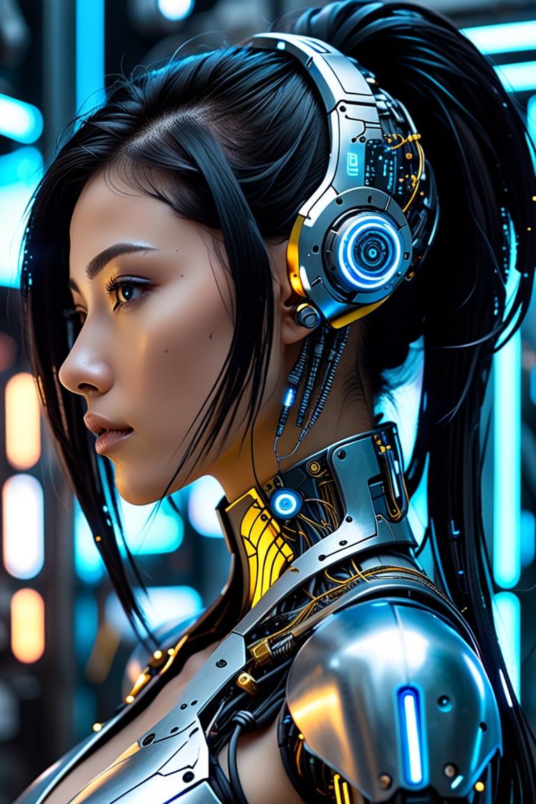 Imagine a futuristic, anime-style portrait of a woman with long, sleek black hair flowing down her shoulders. The right side of her neck and face is integrated with cybernetic components, including metal panels, circuits, and coiled wires. A high-tech mechanical earpiece sits on her right ear, designed in a combination of blue, black, and metallic tones with subtle yellow accents.

The cybernetic parts are seamlessly fused with her skin, giving the appearance of a sophisticated blend between human and machine. There are small Japanese texts printed across the metallic plates, adding a sense of high-tech detail. Her face is enhanced with a digital HUD display showing data, marked by various white holographic lines and symbols.

The background is a soft blue hue that contrasts sharply against her dark hair, highlighting the mechanical details of her enhancements. The overall style is inspired by **cyberpunk** aesthetics mixed with a touch of retro-futurism, emphasizing a sleek and modern design. The woman’s calm yet powerful expression is seen in profile, drawing attention to the intricacies of her cybernetic side
