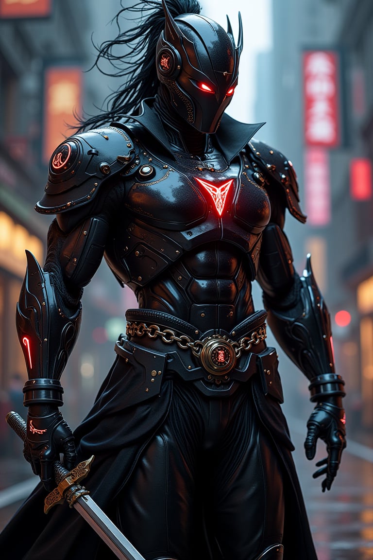 A Hi-Tech cyberpunk black wukong, Custom design, Mechanical screamers, shining body, glowing look, full shining suit, body, hues.,steampunk style,cyberpunk style,mecha, perfect custom Hi-Tech suit, holding sword, weapon master, Hi-Tech belt, muscular body suite
