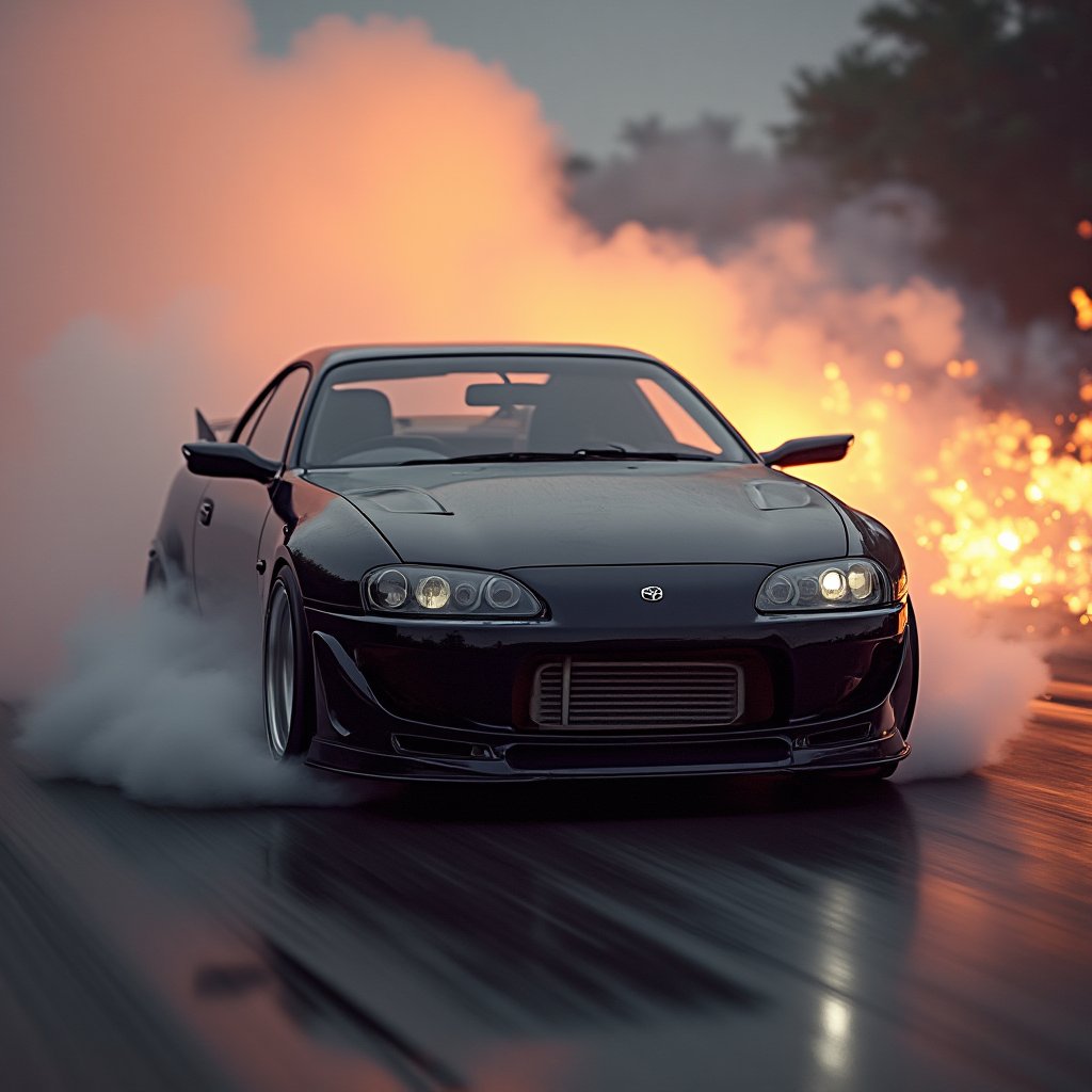 A photorealistic JDM DRIFT CAR toyota supra in action smoke, flies into a close-up camera shot. The background cyberpunk is blurred explosion jet, 
