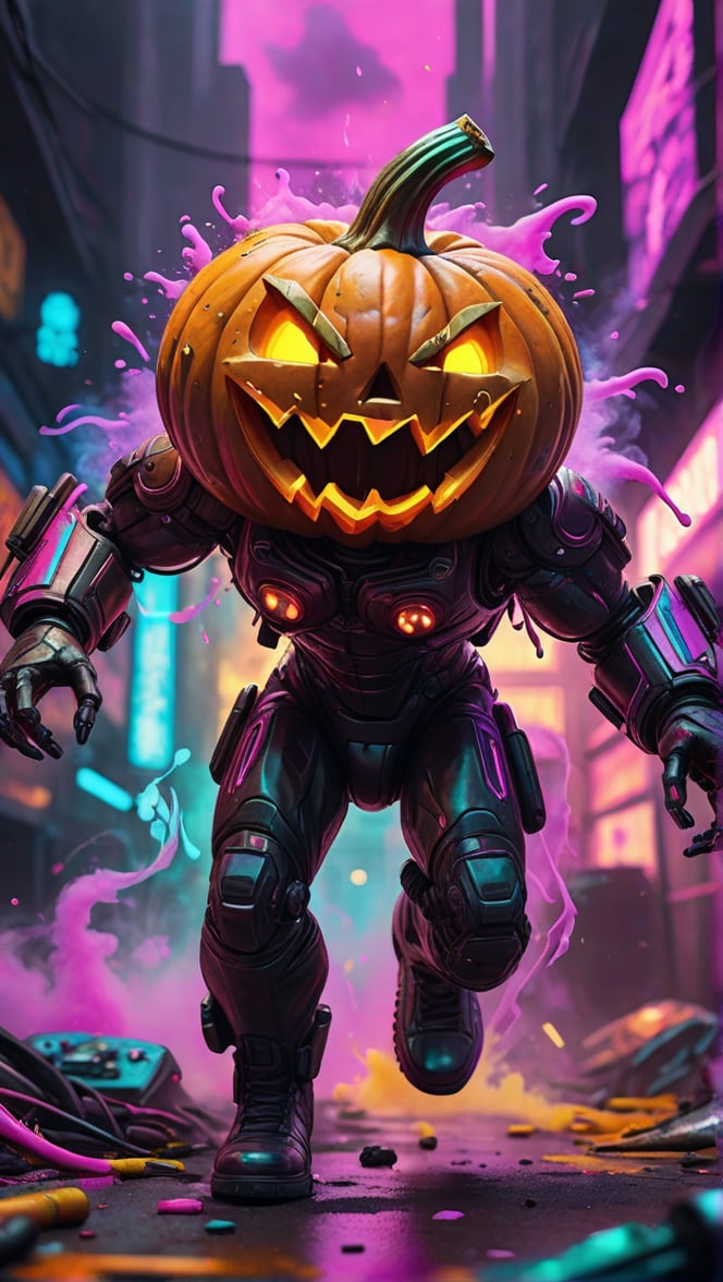 A photorealistic scrow halloweenn pumpkin   flies into a close-up A Hi-Tech cyberpunk stanyle  full body war,.stoned, splatter art, color -splattered neon colors, (colorful glowing smoke) ((motion effect)), best quality, wallpaper art, UHD, centerpiece, MSchiffer art, ((flat color)), (cel-shading style) colors very bold neon, ((high saturation)) ink lines, psychedelic environments.