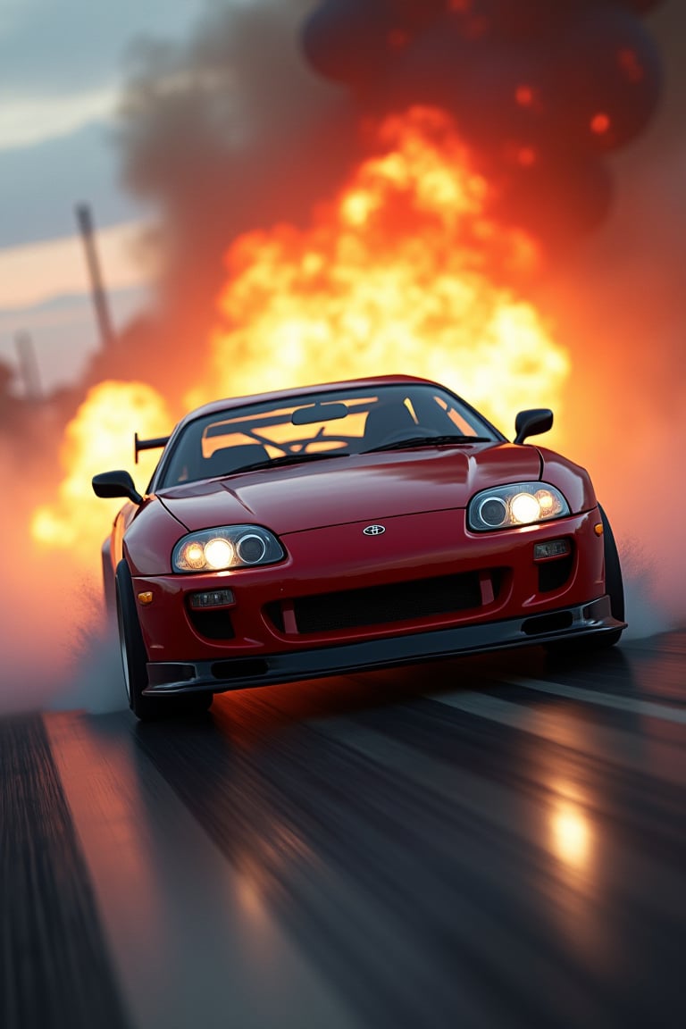 A photorealistic JDM DRIFT CAR toyota supra, flies into a close-up camera shot. The background cyberpunk is blurred explosion jet, smoke and fire
