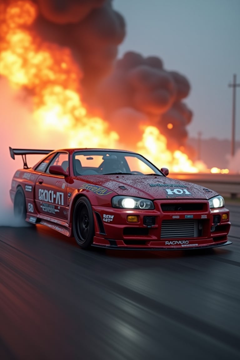 A photorealistic JDM DRIFT CAR, flies into a close-up camera shot. The background cyberpunk is blurred explosion jet, smoke and fire
