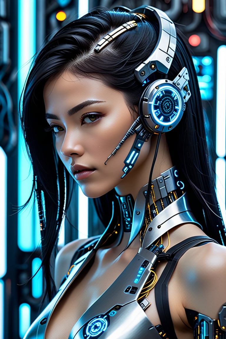 Imagine a futuristic, anime-style portrait of a woman with long, sleek black hair flowing down her shoulders. The right side of her neck and face is integrated with cybernetic components, including metal panels, circuits, and coiled wires. A high-tech mechanical earpiece sits on her right ear, designed in a combination of blue, black, and metallic tones with subtle yellow accents.

The cybernetic parts are seamlessly fused with her skin, giving the appearance of a sophisticated blend between human and machine. There are small Japanese texts printed across the metallic plates, adding a sense of high-tech detail. Her face is enhanced with a digital HUD display showing data, marked by various white holographic lines and symbols.

The background is a soft blue hue that contrasts sharply against her dark hair, highlighting the mechanical details of her enhancements. The overall style is inspired by **cyberpunk** aesthetics mixed with a touch of retro-futurism, emphasizing a sleek and modern design. The woman’s calm yet powerful expression is seen in profile, drawing attention to the intricacies of her cybernetic side
