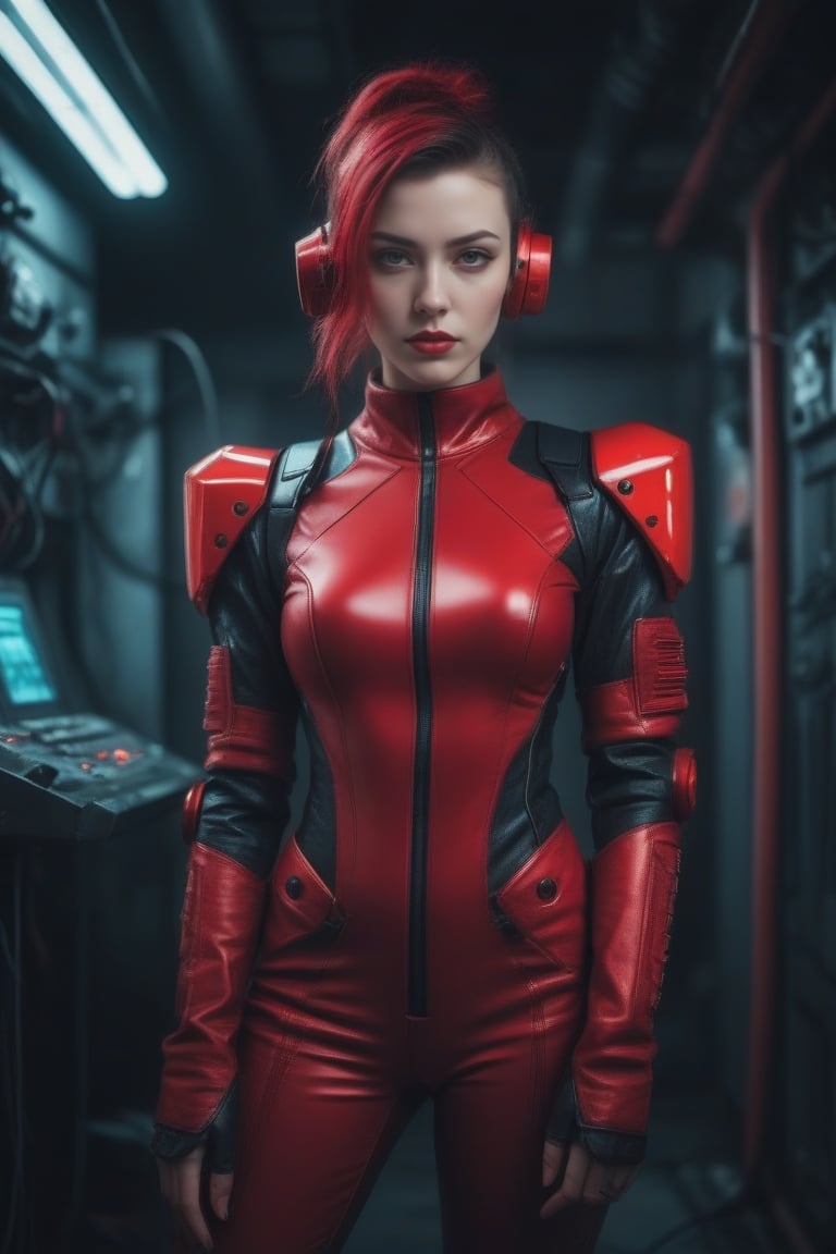 Beautiful woman wearing a red cyberpunk plugsuit,  analog photograph,  professional fashion photoshoot by Ed 4077H31 on Te...