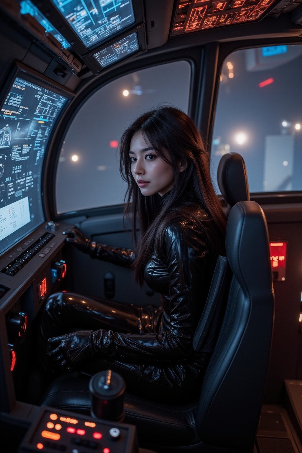 Cyberpunk female, shiny black PVC catsuit, neon lit flight deck, navigational screens, sat in pilots seat, flight controls