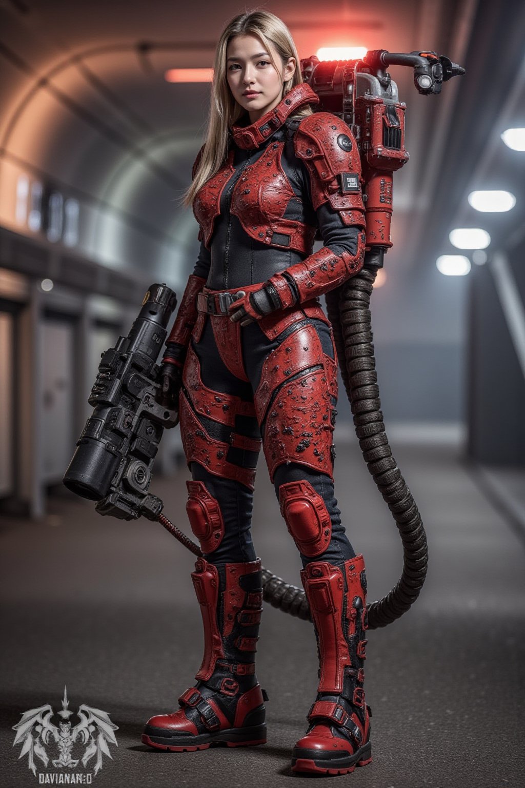 Cyberpunk female, shiny red dragon camo armoured mecha suit, chunky  boots, neon lit spaceport, full face helmet, large plasma gun