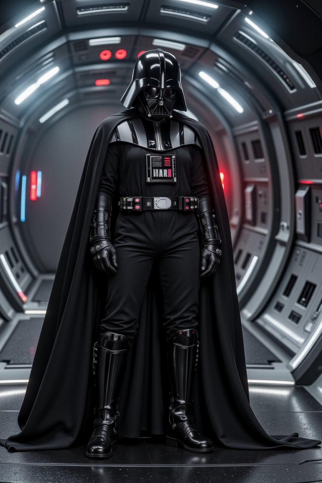 Cyberpunk female, Darth Vader, black Imperial Commanders uniform, starship bridge, extra wide viewscreens