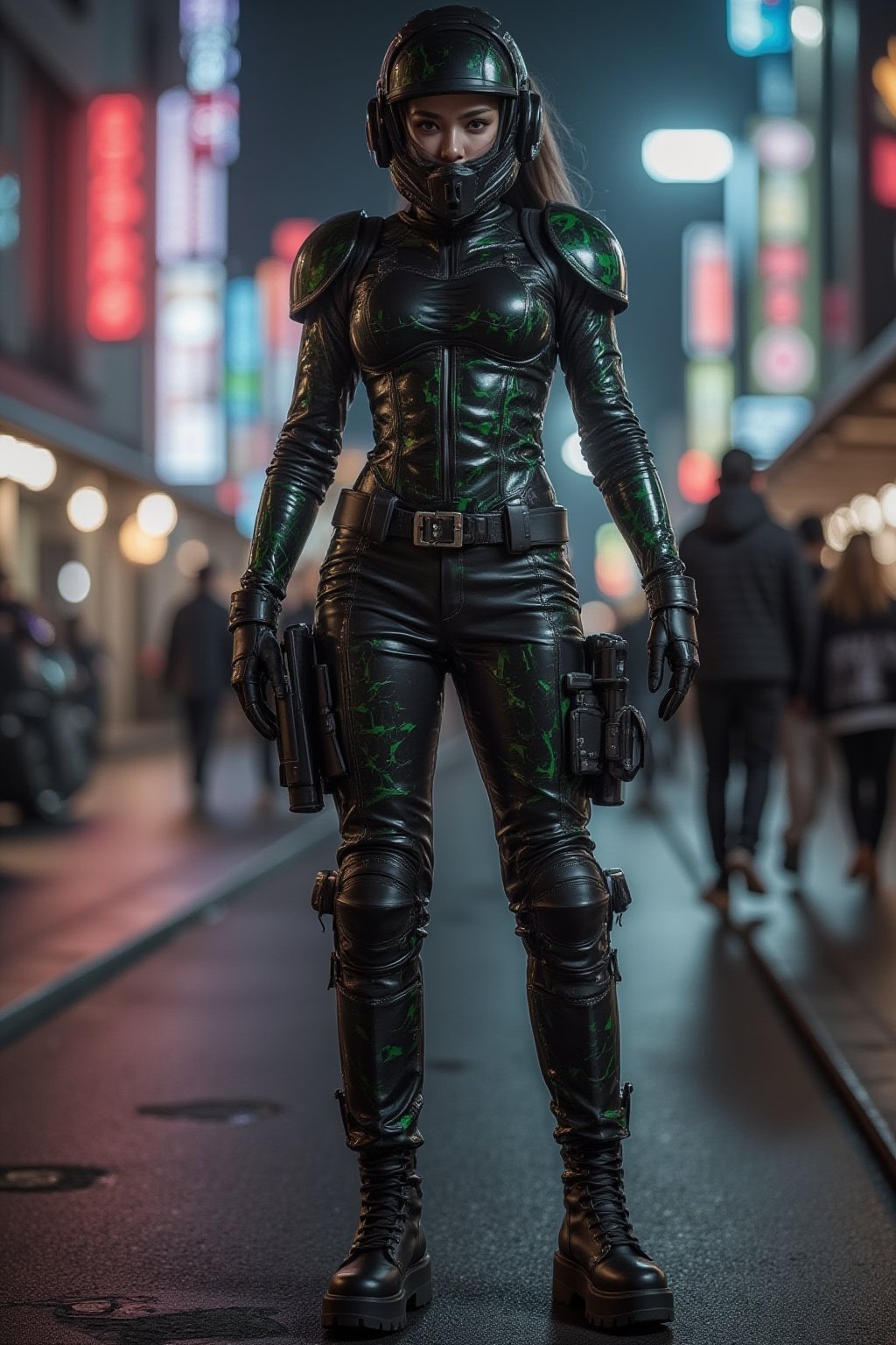 Cyberpunk female, shiny black and green camo latex bodysuit, armour, chunky heel platform boots, neon lit boulevard, wide belt, holsters