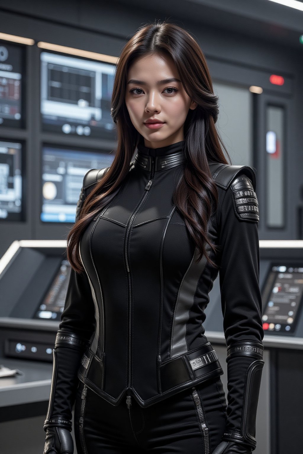 Cyberpunk female, black Imperial Commanders uniform, starship bridge, extra wide viewscreens