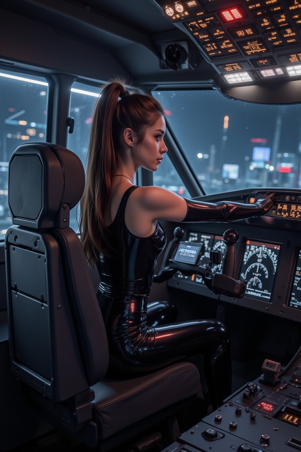 Cyberpunk female, shiny black PVC catsuit, neon lit flight deck, navigational screens, sat in pilots seat, flight controls