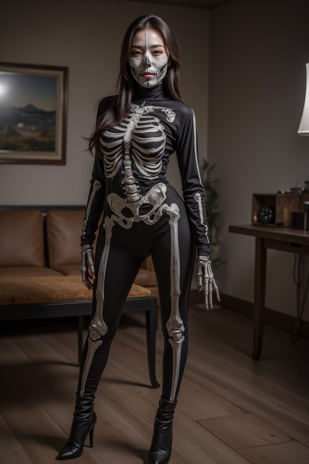 Cyberpunk buxom woman, black latex skeleton catsuit, skeleton full face ski mask, high heels, room, 