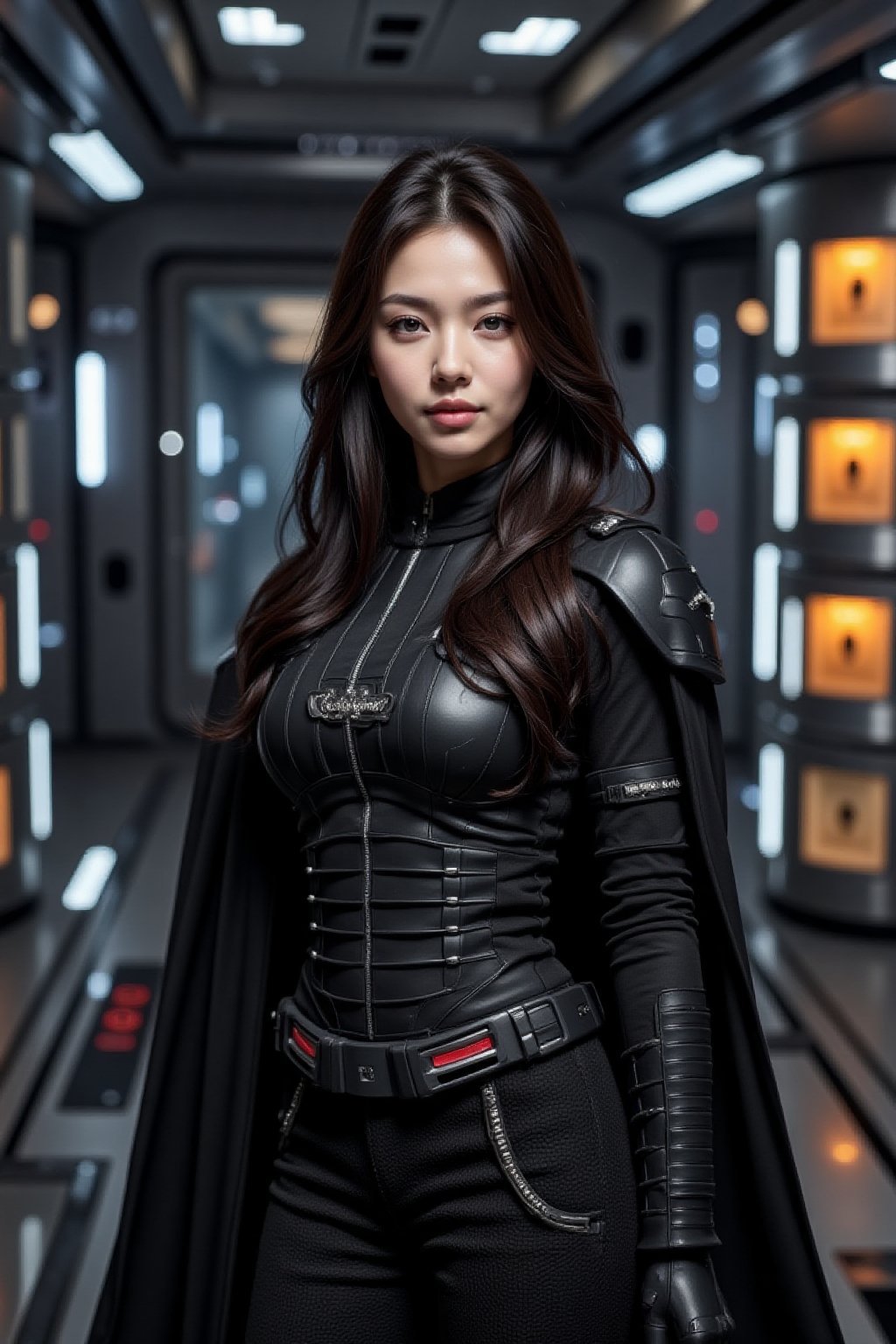 Cyberpunk female Sith Lord, black Imperial Commanders uniform, starship bridge, extra wide viewscreens