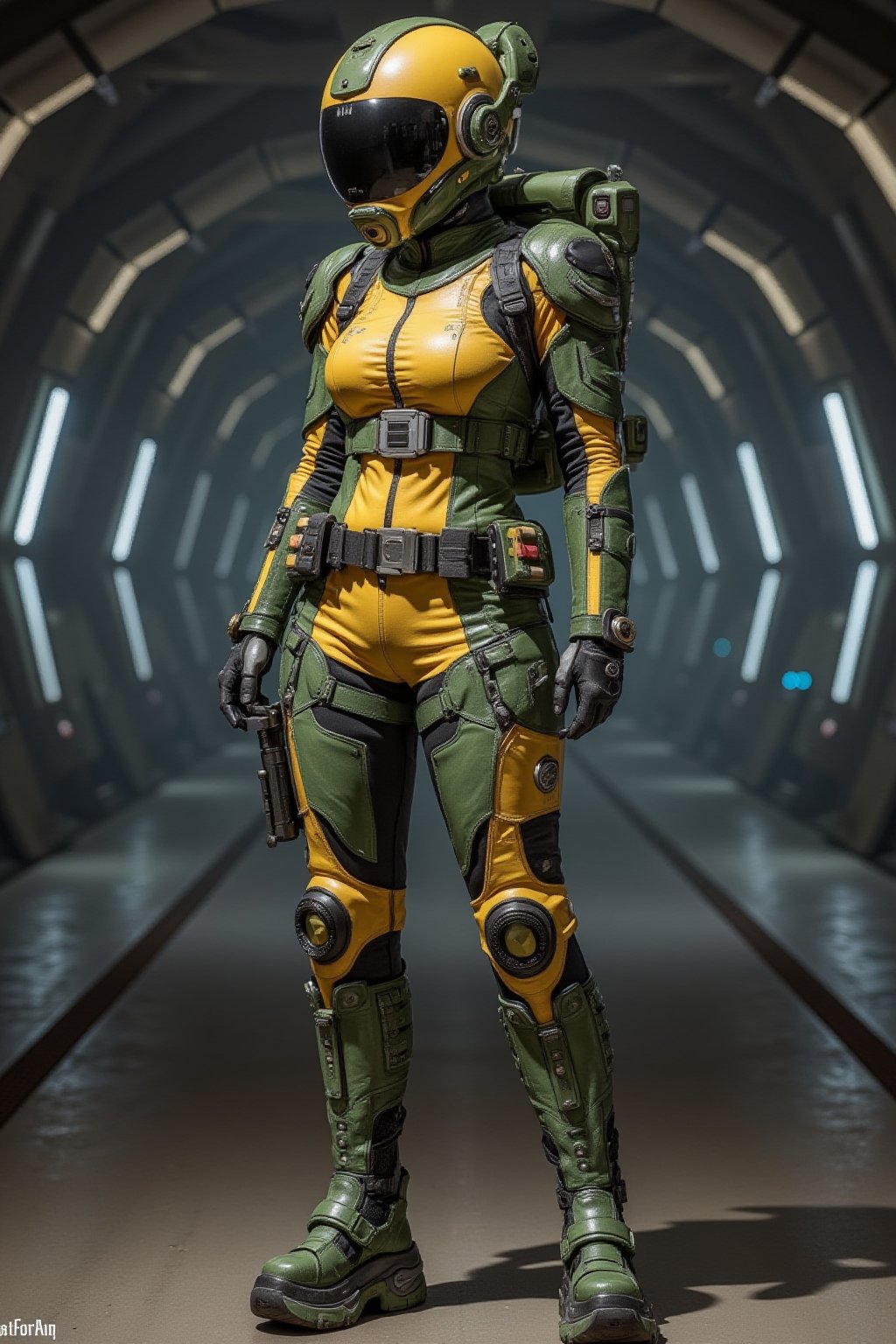 Cyberpunk female, shiny yellow and green leather armoured bodysuit, chunky heel platform boots, neon lit spaceport, wide belt, holsters, full face helmet