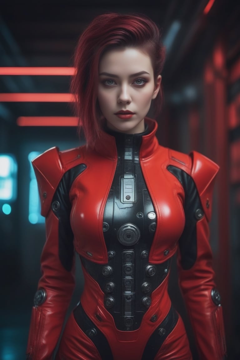 Beautiful woman wearing a red cyberpunk plugsuit,  analog photograph,  professional fashion photoshoot by Ed 4077H31 on Te...