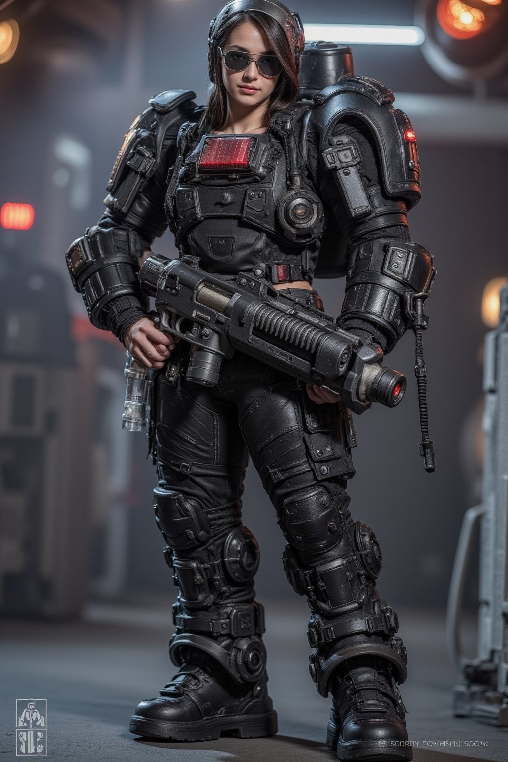 Cyberpunk female, shiny black camo armoured mecha suit, chunky  boots, neon lit spaceport, full face helmet, large plasma gun