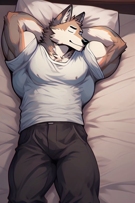 A Muscular Brown Coyote Sleeping With His Shirt On In Bed