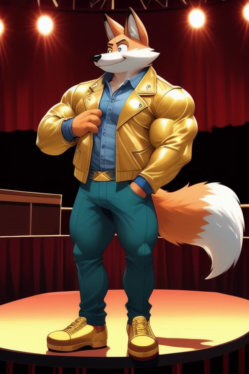 Sweet Apple Courthouse On Stage With The Muscular Dog As The Mayor And The Muscular Fox As Conrad Birdie Wearing A Gold Leather Jacket Gold Pants Gold Shoes






 
 
