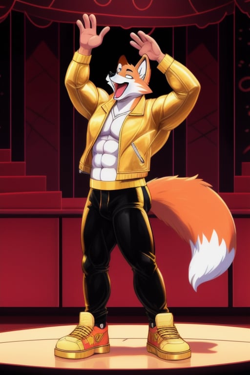 A Muscular Fox As Conrad Birdie In Bye Bye Birdie The Musical  With His Gold Leather Jacket  Gold Pants And Gold Shoes Singing Honestly Sincere On Stage
Stage Props-Courthouse
The People Faint When The Fox Says Yeah Yeah Yeah
 
