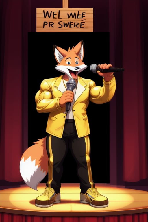 A Muscular Fox As Conrad Birdie In Bye Bye Birdie The Musical Wearing A Gold Leather Jacket Gold Pants And Gold Shoes Singing Honestly Sincere On Stage
Stage Props-Courthouse
The Fox Has A Microphone Stand And A Sign That Says Welcome Conrad Birdie To Sweet Apple Ohio