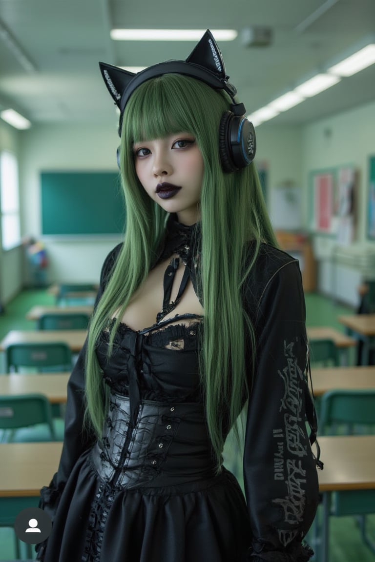 Lovely Japanese girlfriend, busty breasts, 18 years old, black lips, long green hair, cat make up, gothic outfit, breasts, cat tail, sci-fi, background school room,Headphone cat ears