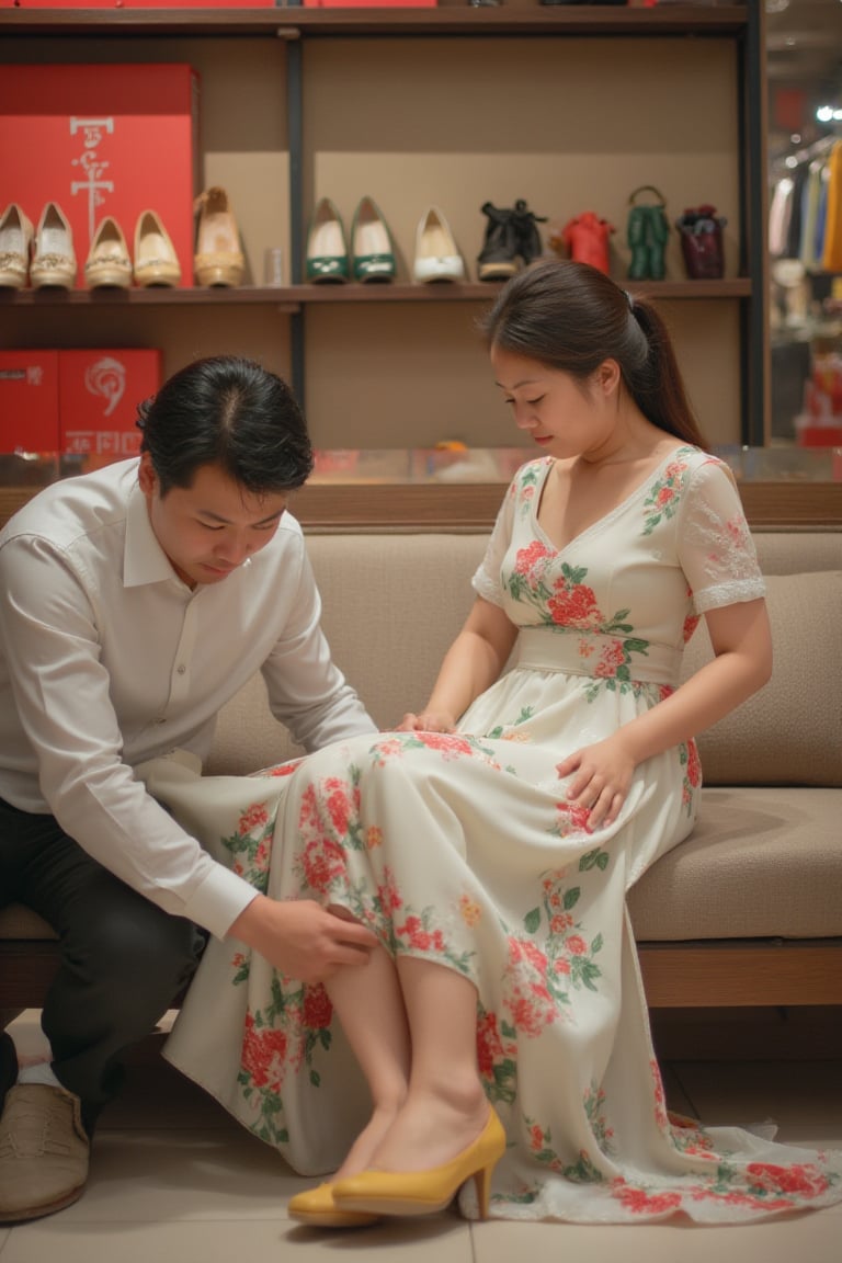 A beautiful elegant Chinese girl in a shoes shop. She has elegant clothes, white flower red and green, She is sit on a couch and a handsome boy is lifting her skirt uncovering her legs.