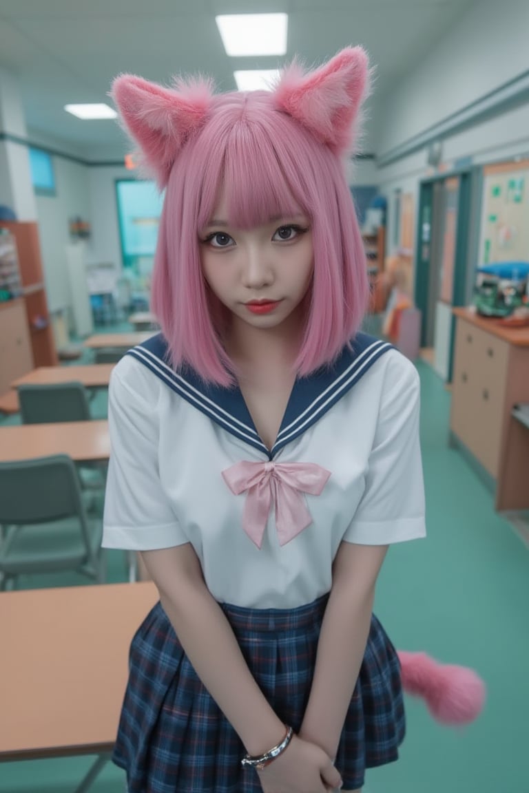 Lovely Japanese girlfriend, thin, 18 years old, short long fucsia hair, cat make up, school uniform, breasts, cat tail, sci-fi, background school room,Fur cat ears