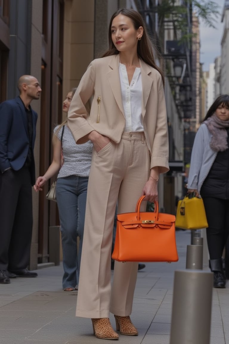 An elegant French young woman, refined style, in a London shopping street, holding her Birkin25 bag, orange color bag, Togo leather bag, holding bag by hand, gold hardware Birkin bag.