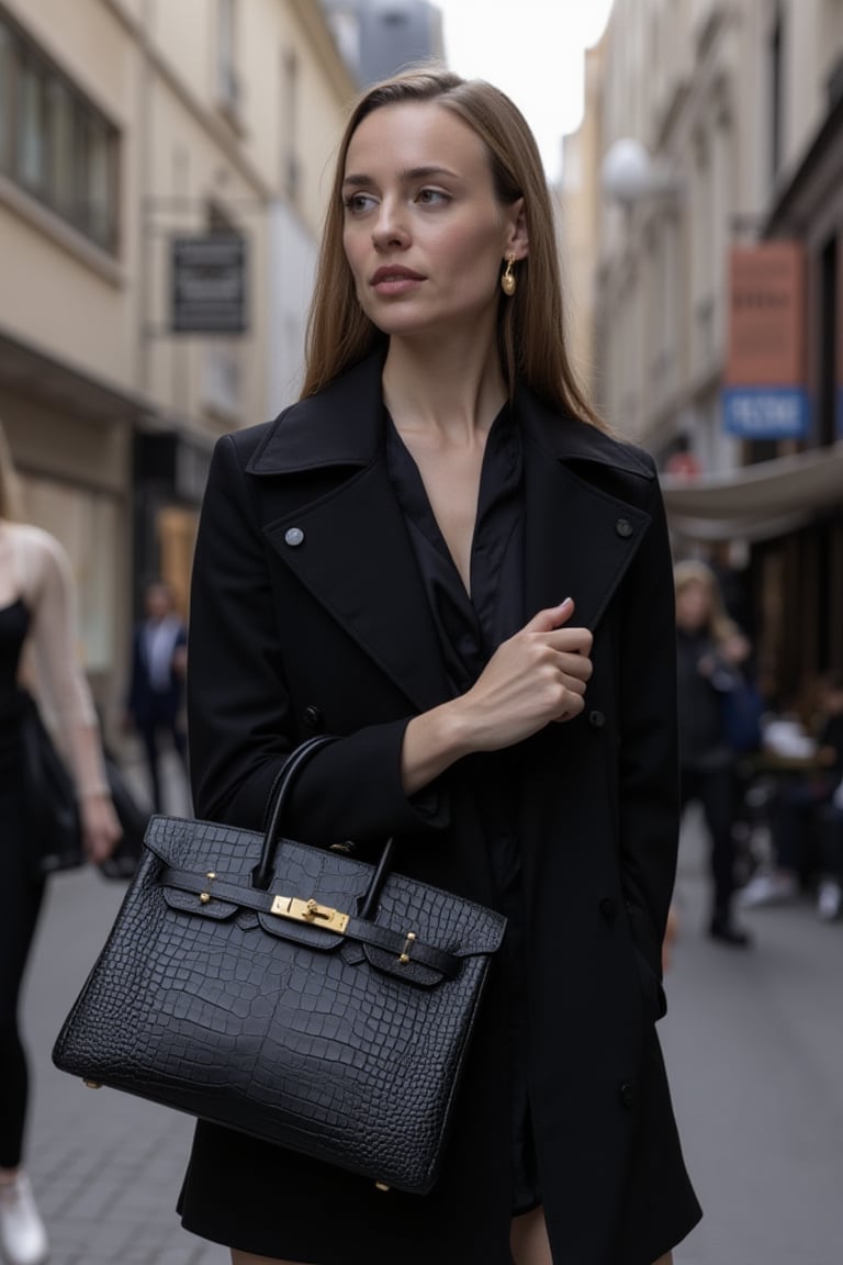 An elegant young woman, refined style, in a Paris shopping street, holding her Birkin25 bag, black color bag, alligator leather bag, holding on her arm, gold hardware Birkin bag