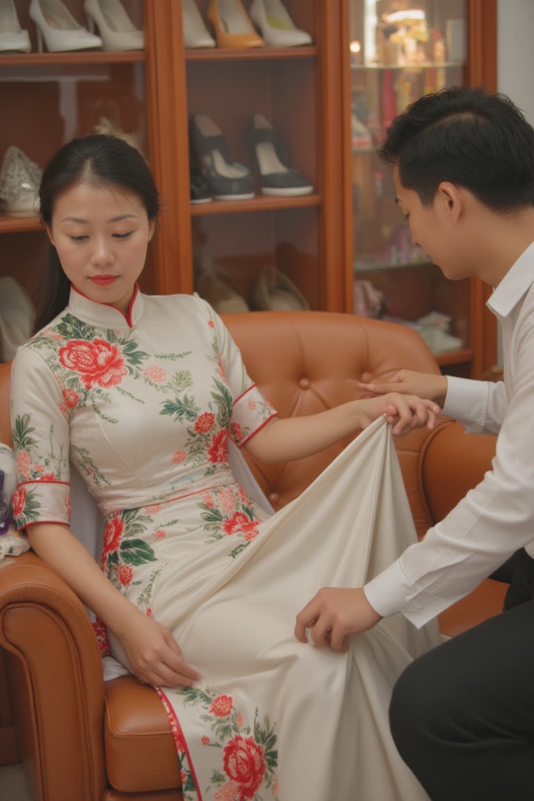 A beautiful elegant Chinese girl in a shoes shop. She has elegant clothes, white flower red and green, She is sit on a couch and a handsome boy is lifting her skirt uncovering her legs.