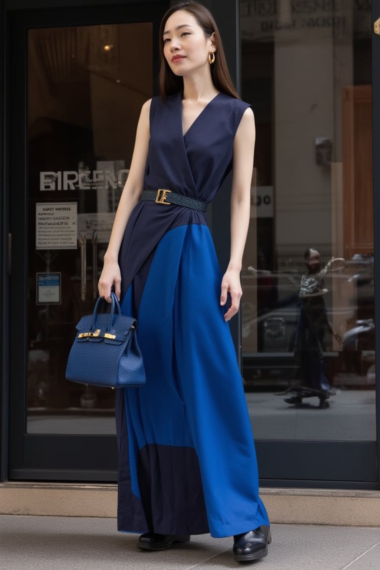 An elegant french young woman, refined style, in a New York luxuary cafe, holding her Birkin25 bag, royal blue color bag, swift leather bag, holding bag by hand, gold hardware Birkin bag