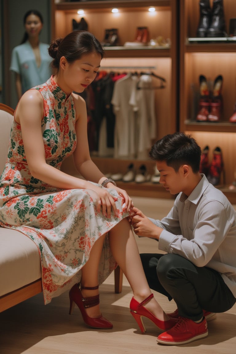 A beautiful elegant Chinese girl in a shoes shop. She has elegant clothes, She is sit on a couch and a handsome boy is trying a shoes on her feet.