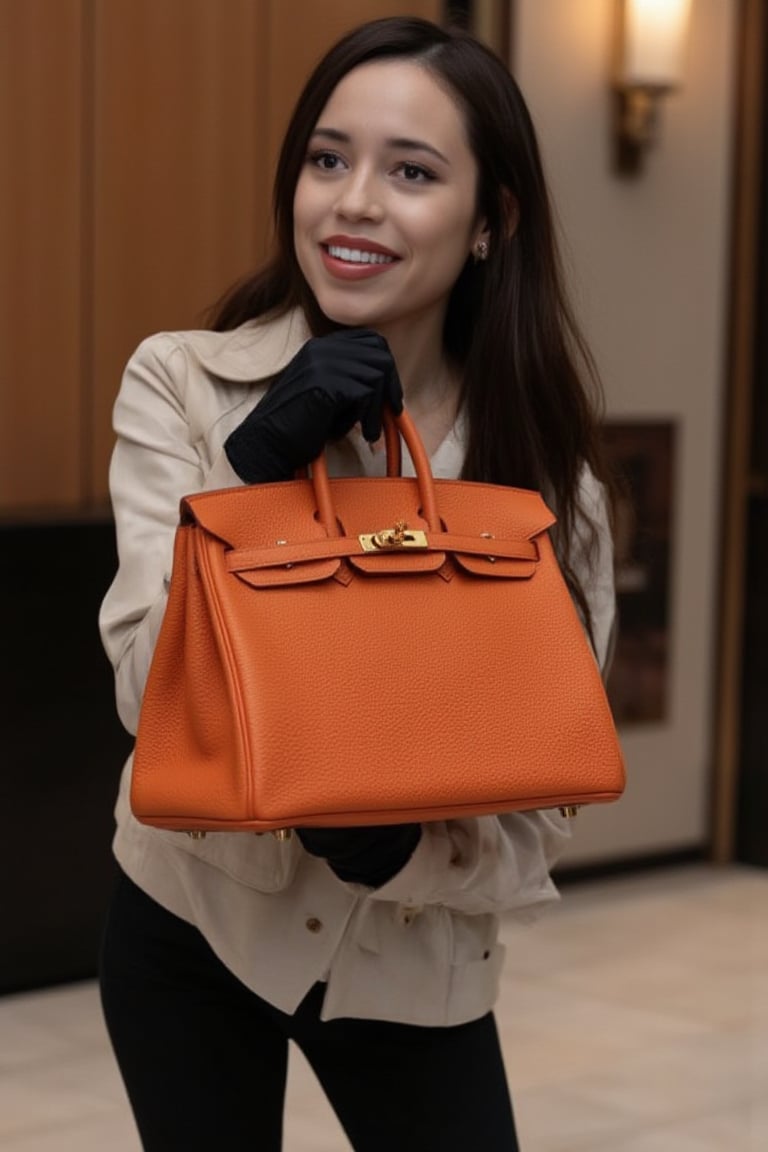 Jenna Ortega, inside a New York luxury hotel, holding her Birkin25 bag, orange color bag, Togo leather bag, holding bag on wrist, gold hardware Birkin bag. 