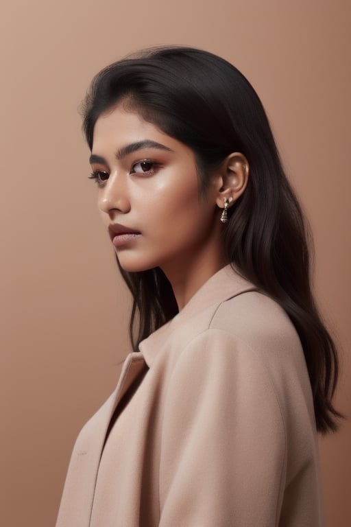 Indian girl, Almond eyes, Normal nose, Reddish light Pink lips, Hourglass Figure, Waring a brown shade Jacket, One hand should be on her cheeks, Thinking pose, Natural Intense look. Looking on her left, Closer look, photorealistic