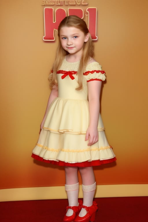 Abigail Breslin 12 years old, full body view beautiful girl, with wavy blonde hair, in a fluffy dress, with ruffles, red shoes, flirtatious look ,Abigail Breslin